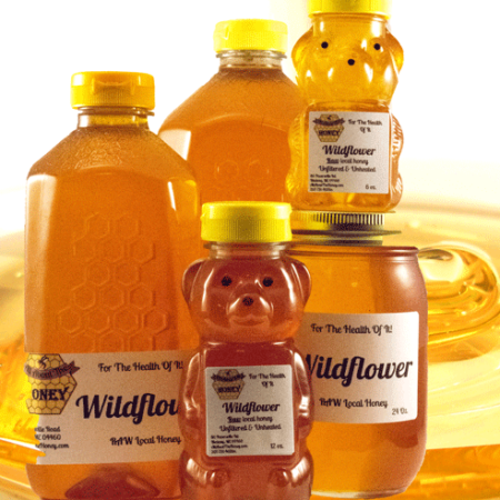 A group of honey products in different sizes.